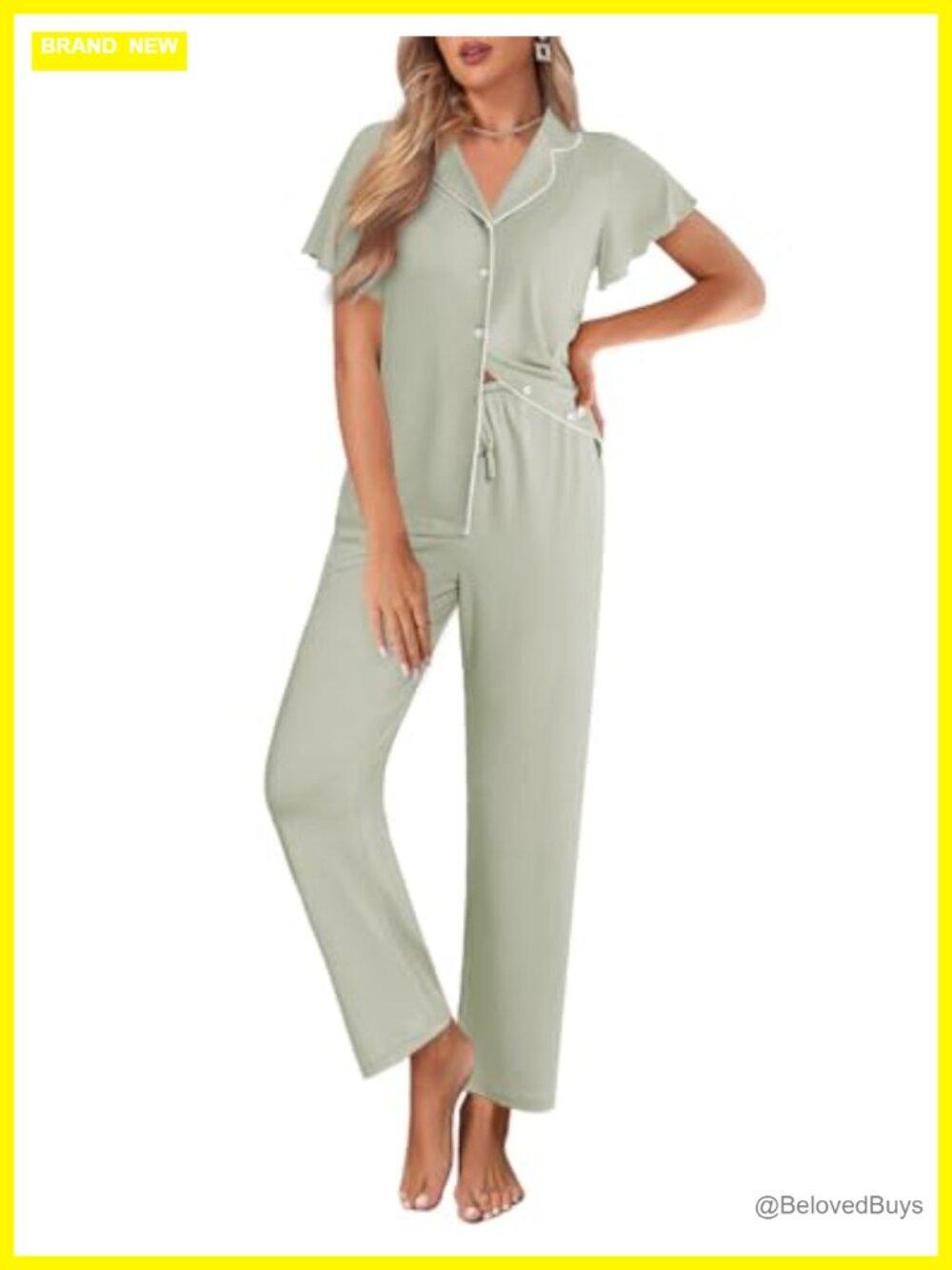 Ekouaer Women 2-Piece Pajama Set Ruffle Sleeve Button Up Long Pants